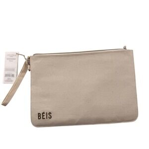 NWT BEIS Padded Laptop Sleeve Wristlet Beige Canvas Pouch Case Bag